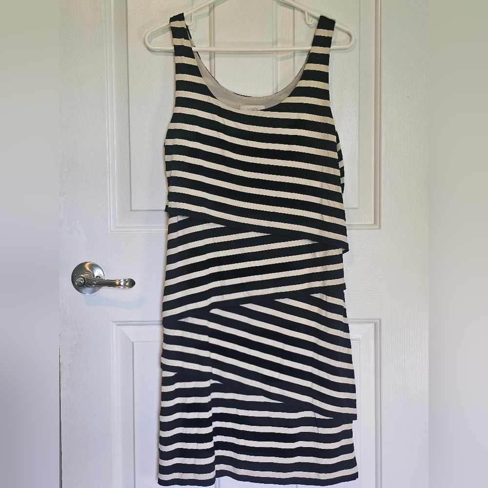LOFT Asymmetrical Black and Cream Striped Dress Women's Sz S
